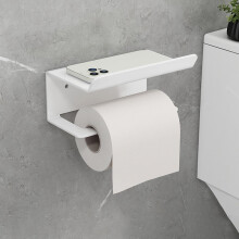 (White) Carbon Steel Wall Mounted Bathroom Toilet Paper Roll Holder Mobile Phone Storage Shelf