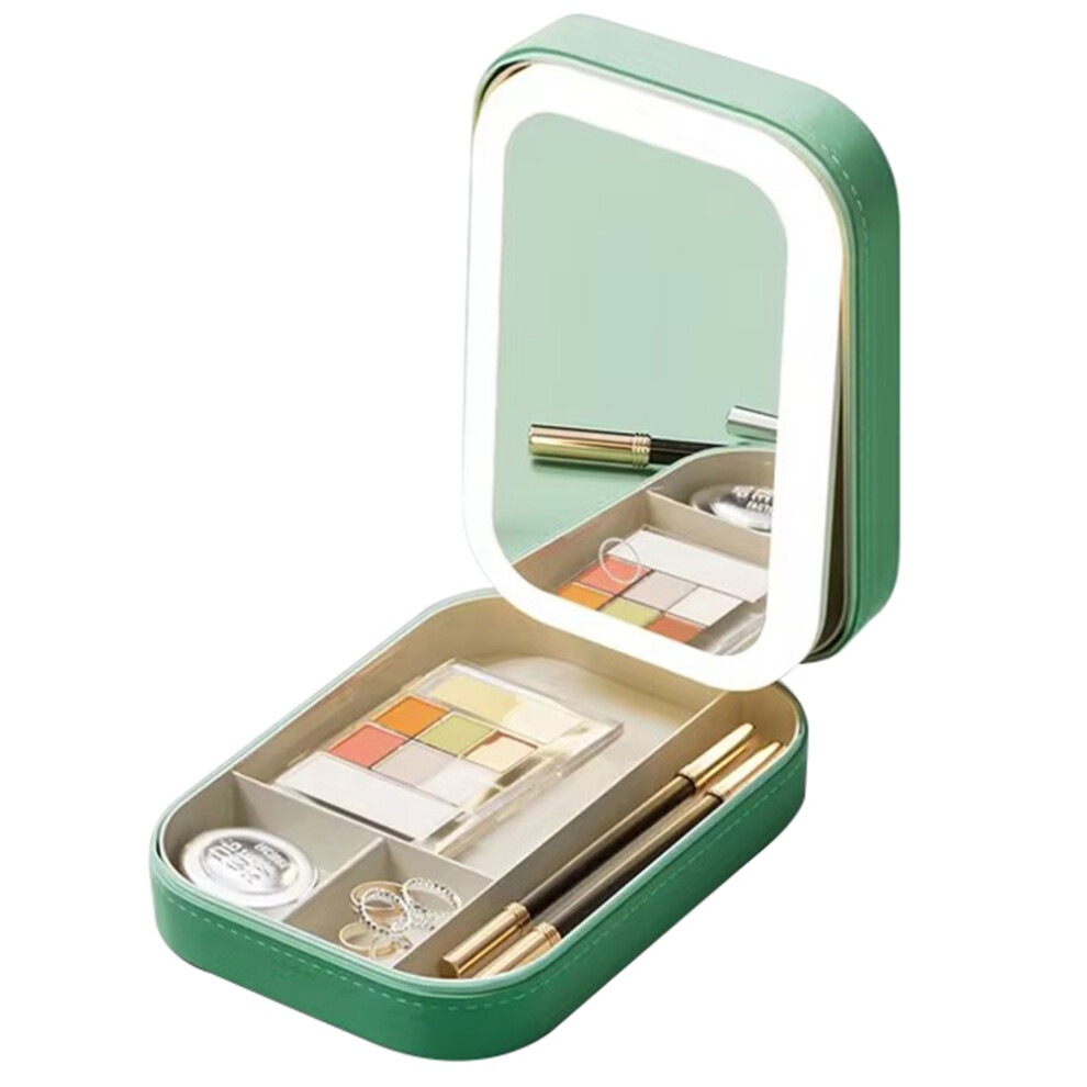 (Green) Cosmetic Mirror Case LED Makeup Mirror Storage Case with Light-Filling Portable Makeup Box Bag