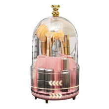 (Pink) Cartoon Bear Makeup Organizer Rotating Cosmetic Storage Box For Eyebrow Pencils Lipsticks Brushes