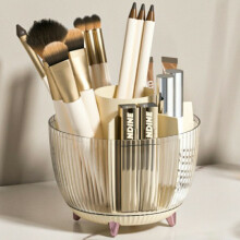 (Beige) Rotating Makeup Brush Holder Desktop Cosmetic Organizer Eyebrow Pencil Storage Box
