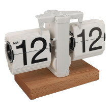(Beech White) Automatic Flip Clock Retro Home Table Clock Single Foot Stainless Steel Quartz Movement Flip Clock Square Wooden Base