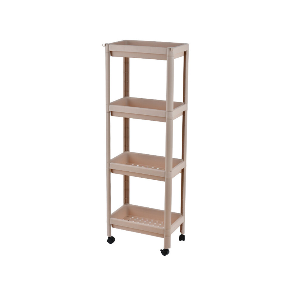 (Beige) 4 Layer Plastic Floor Standing Storage Rack Movable Pulley Storage Shelf for Bathroom Kitchen-image-OPC-PJS68VY-NEW