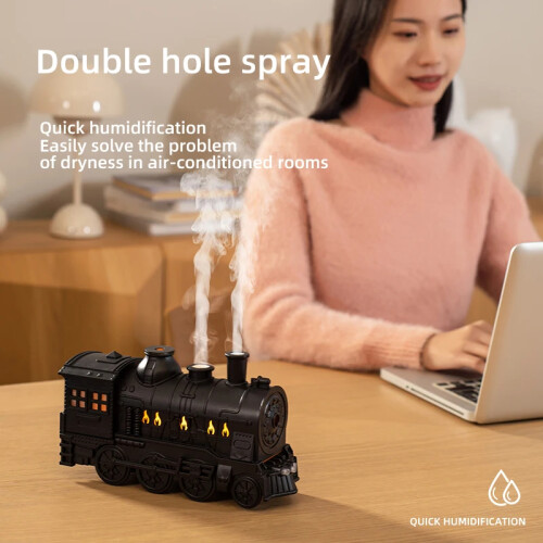 (Black/US Plug) Train Shape Ultrasonic Air Humidifier Essential Oil Aroma Mist Diffuser with LED Light,Buttons Control 1