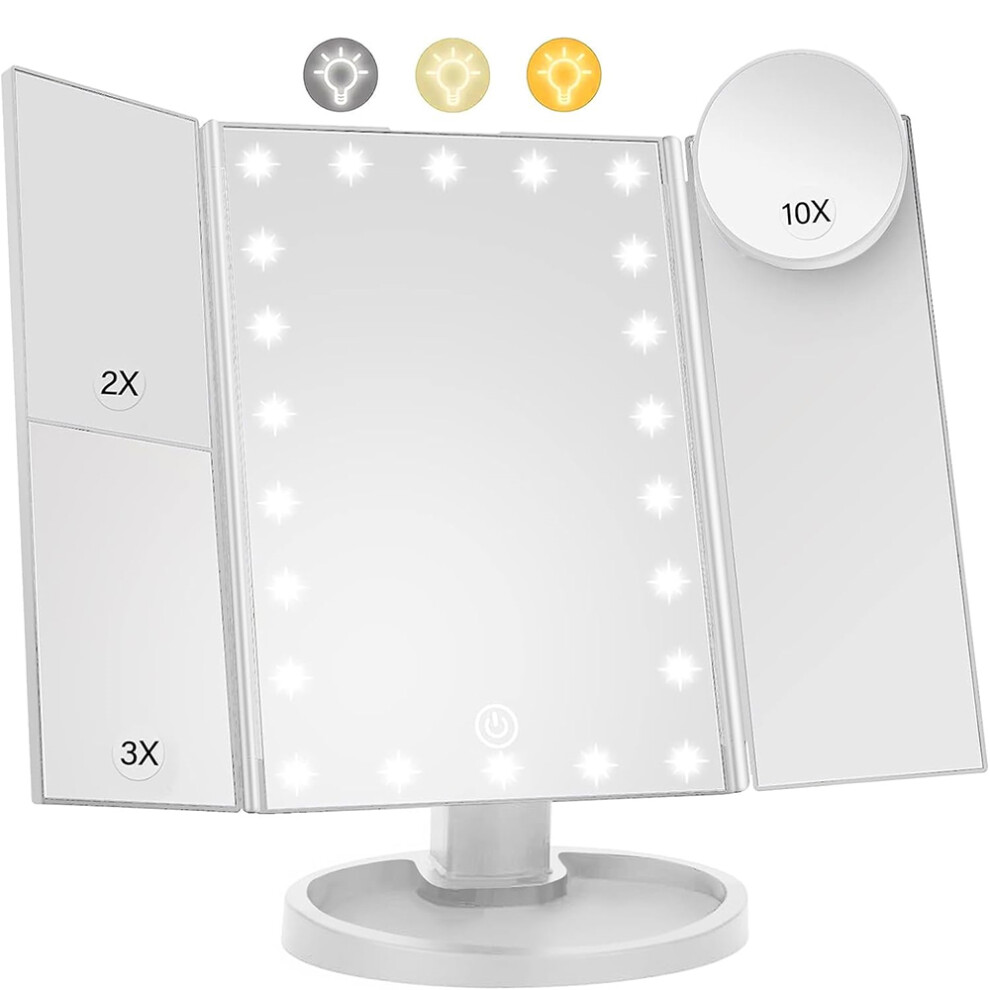 (White) 3 Side Foldable Makeup Mirror Dimmable Light 22LED Tabletop Vanity Mirror with Small Round Mirror