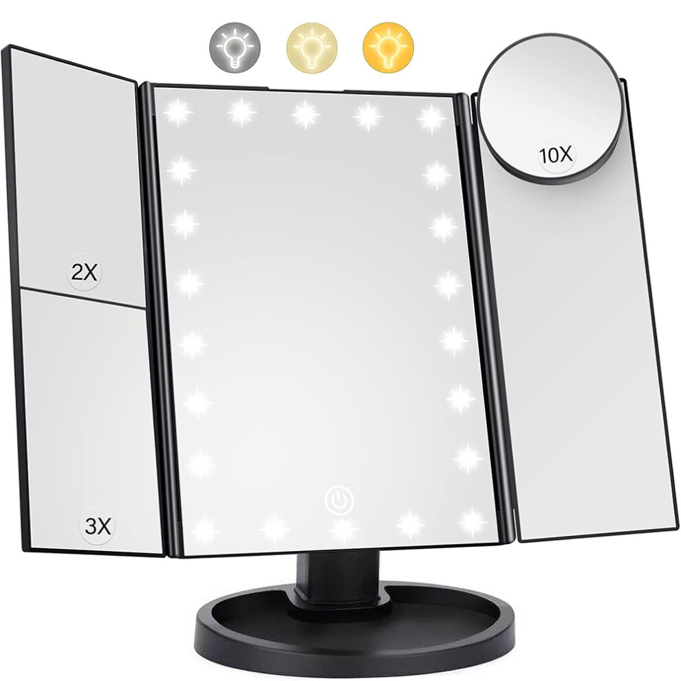 (Black) 3 Side Foldable Makeup Mirror Dimmable Light 22LED Tabletop Vanity Mirror with Small Round Mirror