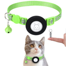 (Light Green) Protective Case for AirTag Reflective Pet Collar GPS Tracker Silicone Cover with Bell and Anti-lost Pendant