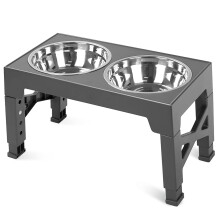 (Grey) Pet Dog Puppy Bowl Raised 4 Adjustable Heights Stainless Steel Bowl+ABS Rack Holder Stand (BPA-Free,No Certified)