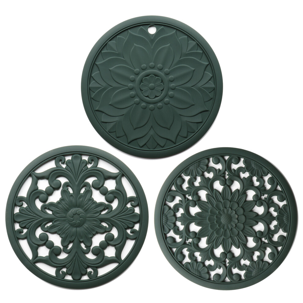 (Green) 3Pcs 20*20cm Heat Insulation Placemat Chinese Hollow Carving Cup Mat Silicone Coaster-image-OPC-PJS6CWH-NEW