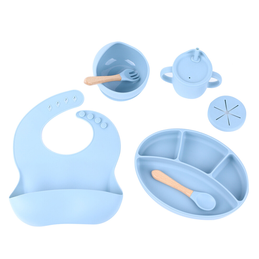 (Dusty Blue) ZP0121 7Pcs Silicone Baby Feeding Set Toddler Self Feeding Dish Set (BPA Free/FDA Certificated)