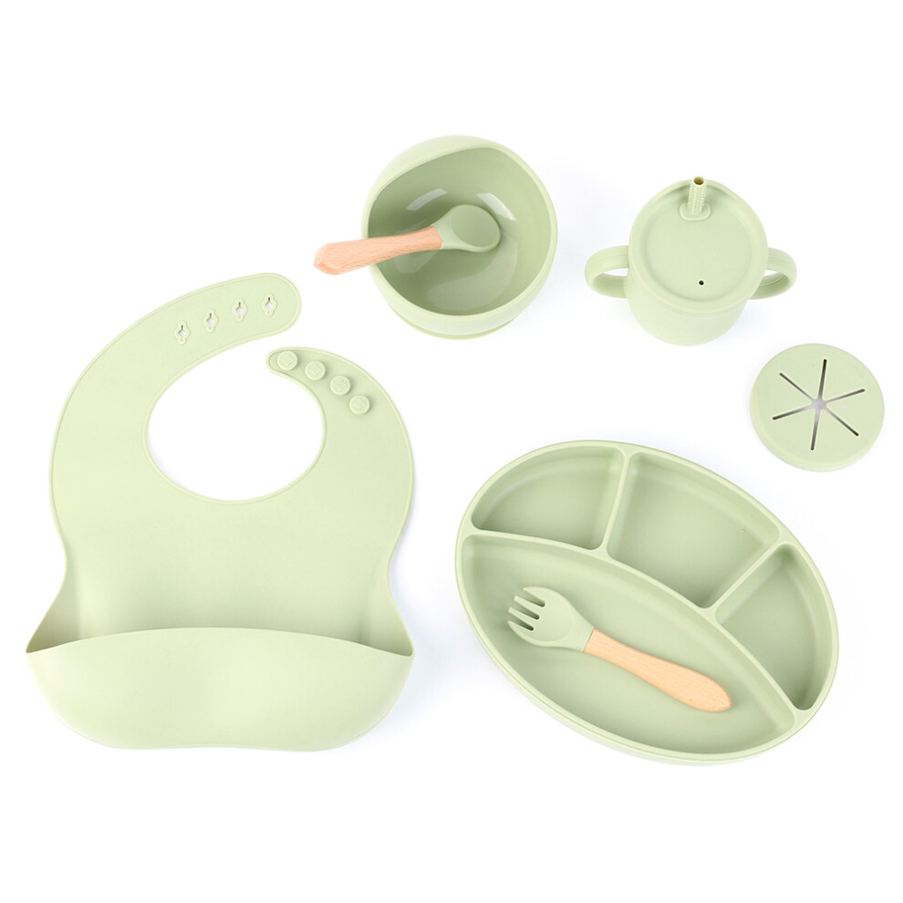 (Olive Green) ZP0121 7Pcs Silicone Baby Feeding Set Toddler Self Feeding Dish Set (BPA Free/FDA Certificated)