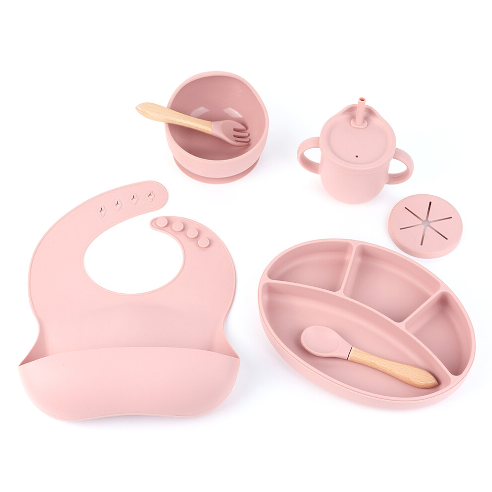 (Light Pink) ZP0121 7Pcs Silicone Baby Feeding Set Toddler Self Feeding Dish Set (BPA Free/FDA Certificated)