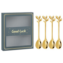 (Green/Gold) 4PCS/Set 12.2 cm Stainless Steel Leaf Coffee Spoons Tableware Stirring Mixing Spoons for Ice Tea,Coffee,Dessert
