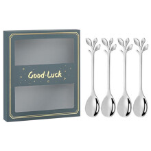 (Green/Silver) 4PCS/Set 12.2 cm Stainless Steel Leaf Coffee Spoons Tableware Stirring Mixing Spoons for Ice Tea,Coffee,Dessert