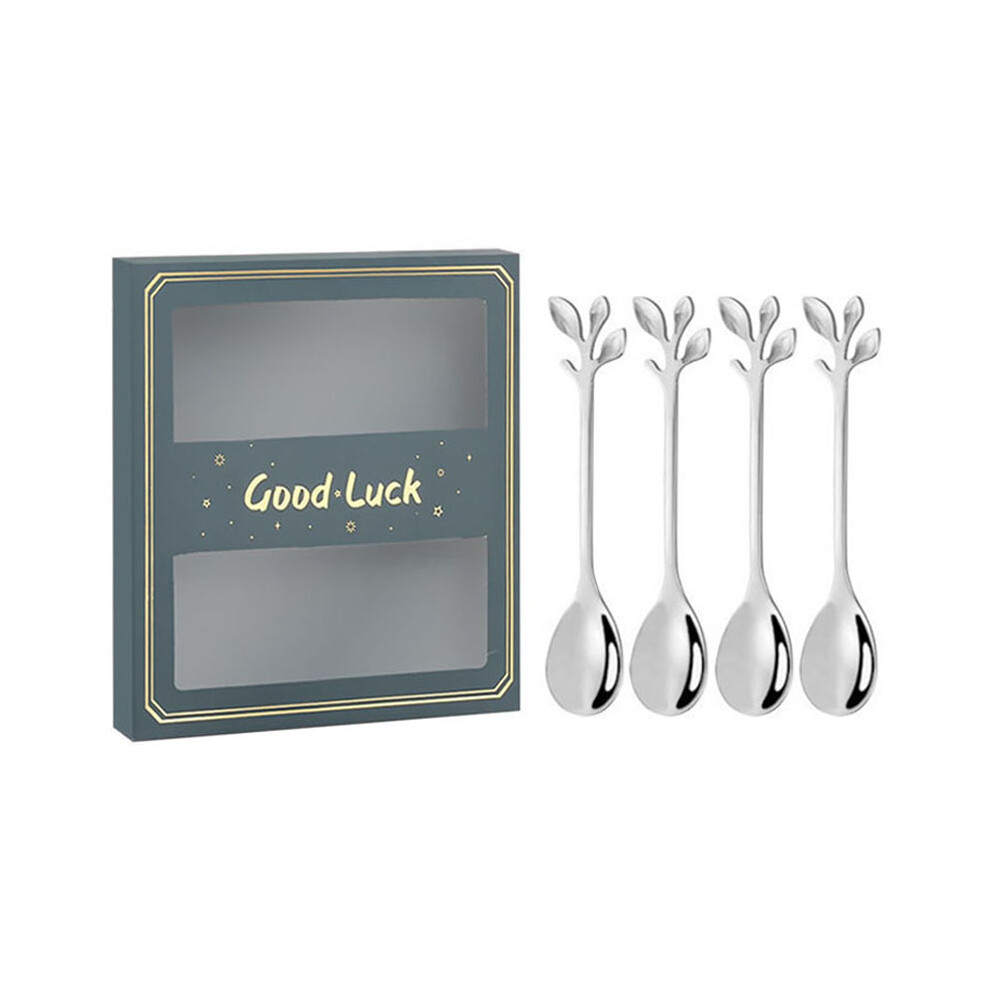 (Green/Silver) 4PCS/Set 12.2 cm Stainless Steel Leaf Coffee Spoons Tableware Stirring Mixing Spoons for Ice Tea,Coffee,Dessert