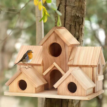 (Wood Color) Outdoor Wooden Bird House Feeder Hanging Decor Countryside Nesting Box Birdfeeder