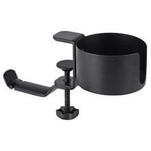 (Black) Aluminum Alloy Clamp-On Desk Cup Holder 360 Degree Rotatable Headphone Bag Hanger