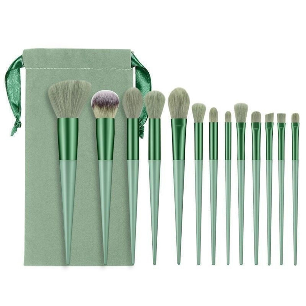 (Green) 13Pcs Makeup Brush Set Cosmetic Brushes Soft Fiber Foundation/Contour/Blending Tools with Velvet Pouch