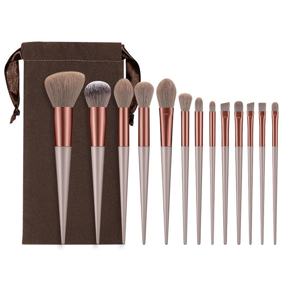 (Coffee) 13Pcs Makeup Brush Set Cosmetic Brushes Soft Fiber Foundation/Contour/Blending Tools with Velvet Pouch