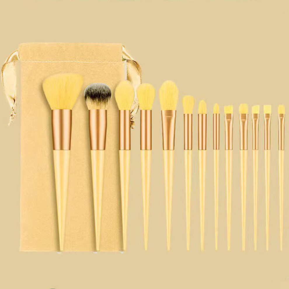 (Yellow) 13Pcs Makeup Brush Set Cosmetic Brushes Soft Fiber Foundation/Contour/Blending Tools with Velvet Pouch