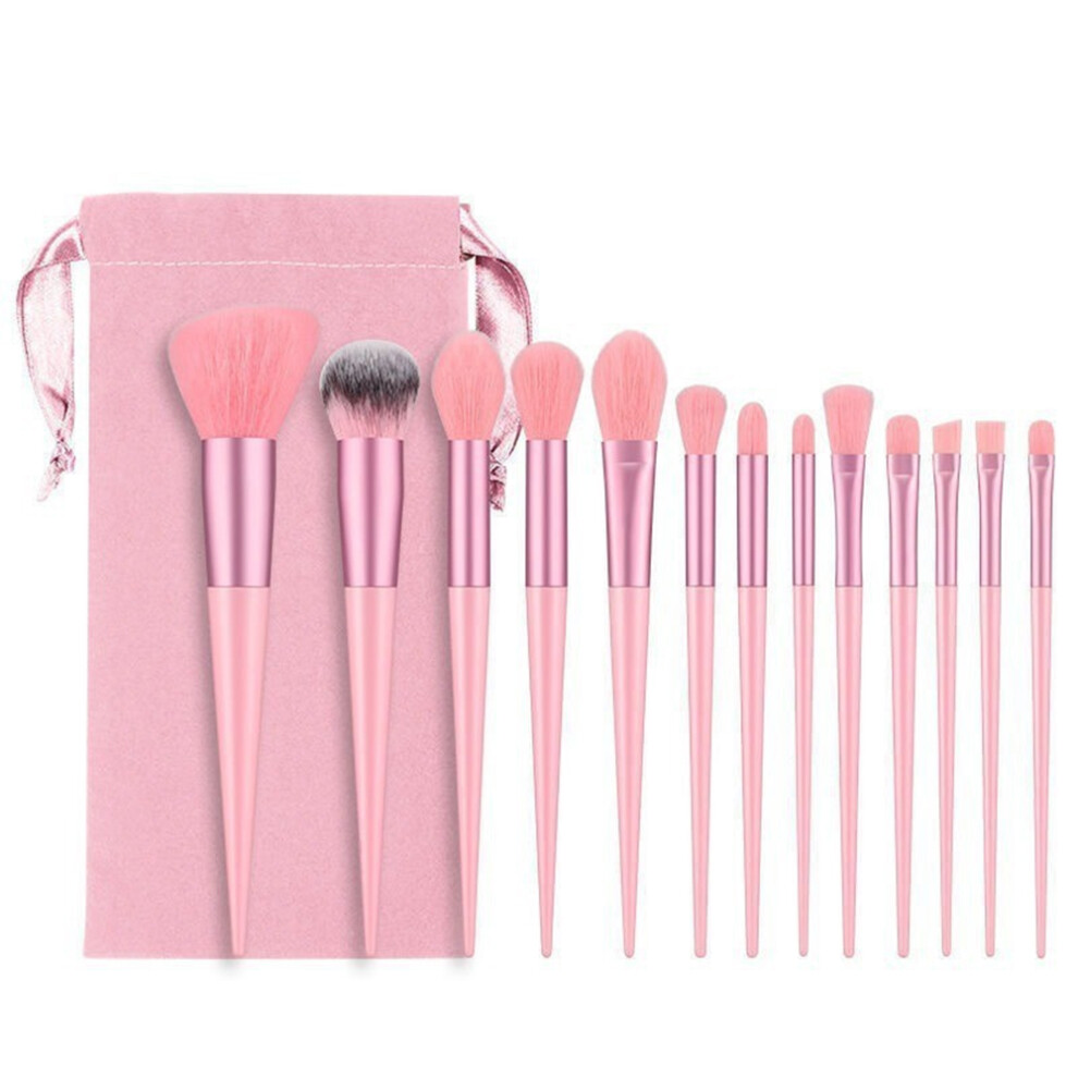 (Pink) 13Pcs Makeup Brush Set Cosmetic Brushes Soft Fiber Foundation/Contour/Blending Tools with Velvet Pouch