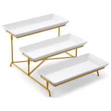 (Gold) Three Tiers Detachable Fruit Display Shelf Ceramic Serving Platter for Desserts Cakes Candies