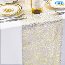 (Geometric Lattice) 4Pcs 28x45cm Hot Stamping Foil Table Runner Holiday Party Wedding Decor Polyester Mesh Table Flag