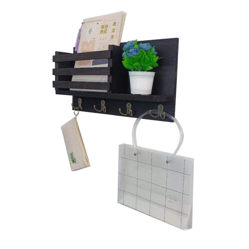 (A) Wall Mounted Wooden Mail Letter Organizer Key Holder Entryway Shelf Multi-Function Storage Rack