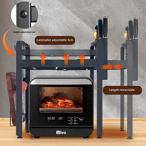 (Matte White) 39-64cm Retractable Microwave Oven Top Rack Carbon Steel Kitchen Multi-Function Storage Shelf with 6 Hooks 2