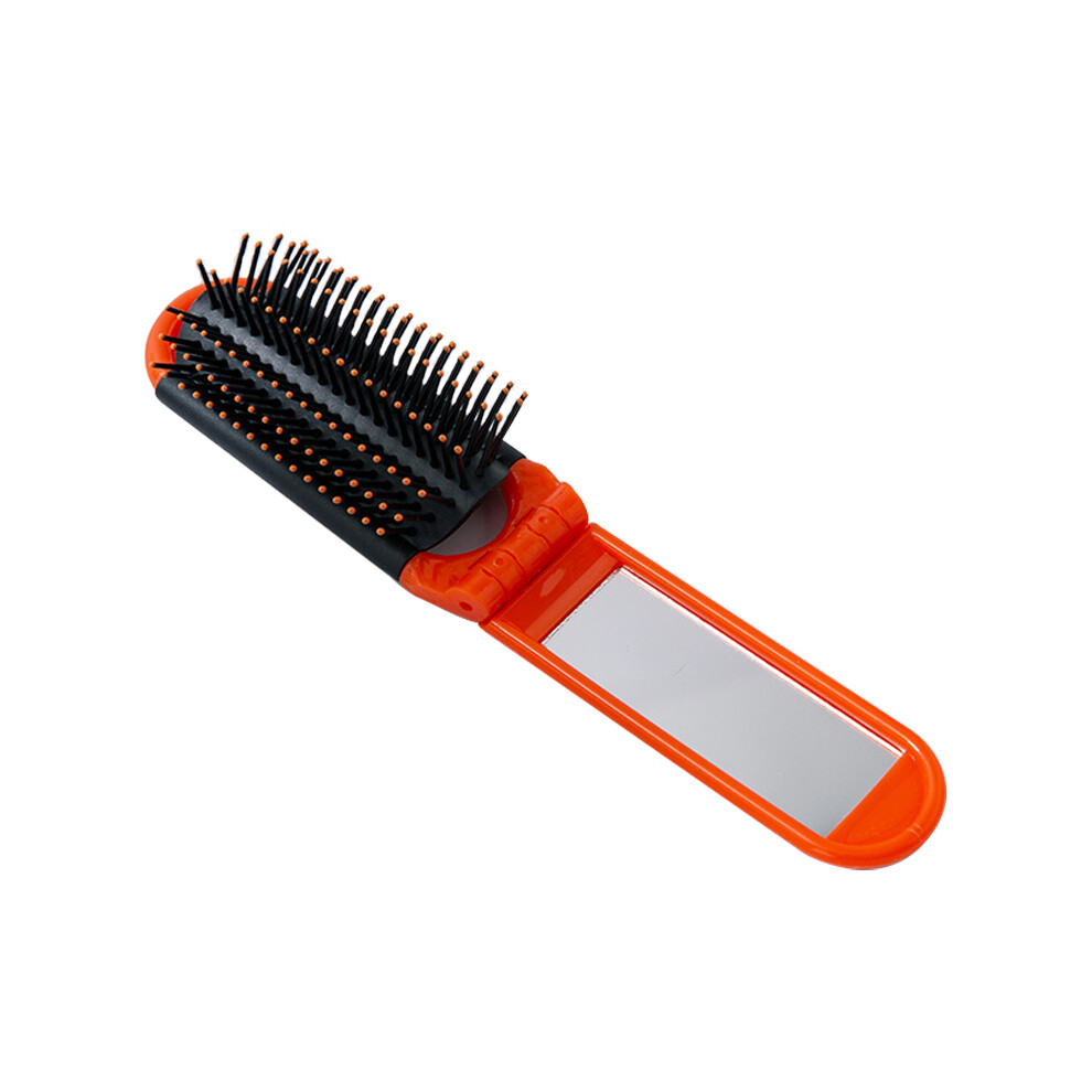 (Orange) Portable Folding Massage Comb Pocket Size Women Travel Hair Brush with Mirror