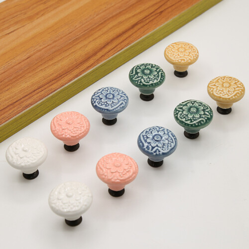 (Grey) Ceramic Cabinet Drawer Door Knob Cupboard Wardrobe Embossed Round Pull Handle with 25mm Screw 2
