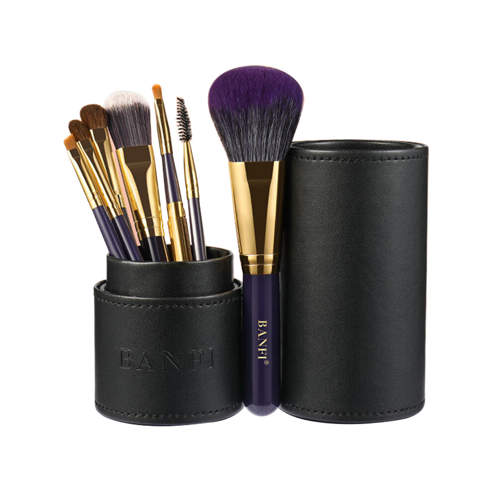 (Purple) 7Pcs/Set Makeup Brush Soft Bristles Wood+Aluminum Handle Foundation Blush Concealers Eyeshadow Brushes Kit