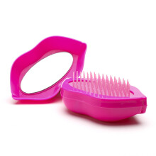 (Rose) ABS Plastic Lip-Shaped Hair Comb Compact Mini Travel Hair Brush Hairbrush with Mirror for Women