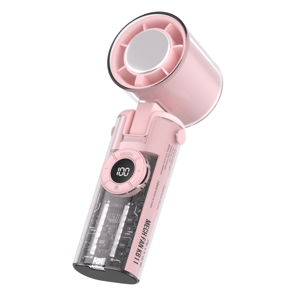 (Pink) K-811 Transparent Mecha Handheld Fan 100 Speeds Adjustable Foldable Cooling Fan with Flashlight-image-OPC-PJS72GX-NEW