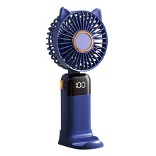 (Blue) Cartoon Cat Summer Mini Handheld Fan Digital Display Folding Desk Fan with Lanyard