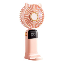 (Pink) Cartoon Cat Summer Mini Handheld Fan Digital Display Folding Desk Fan with Lanyard
