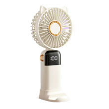 (White) Cartoon Cat Summer Mini Handheld Fan Digital Display Folding Desk Fan with Lanyard