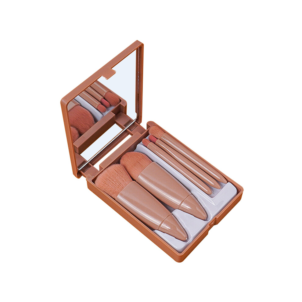 (Coffee) 5Pcs Makeup Brush Soft Bristles Foundation Eyeshadow Lip Brushes Kit with Makeup Mirror Box