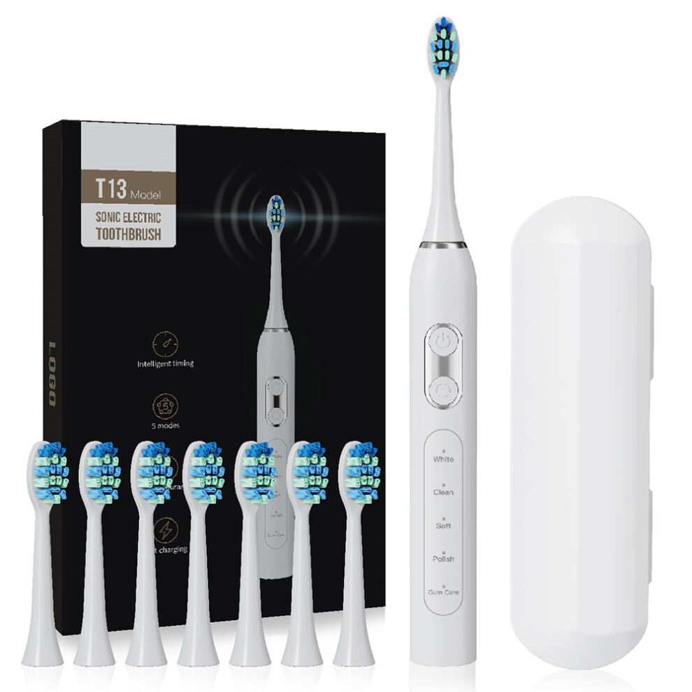 White (White) T13 Ipx7 Waterproof Soft Bristles Rechargeable Sonic Electric Toothbrush For Adults With 8 Brush Heads
