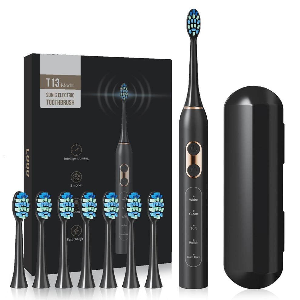 Black (Black) T13 Ipx7 Waterproof Soft Bristles Rechargeable Sonic Electric Toothbrush For Adults With 8 Brush Heads