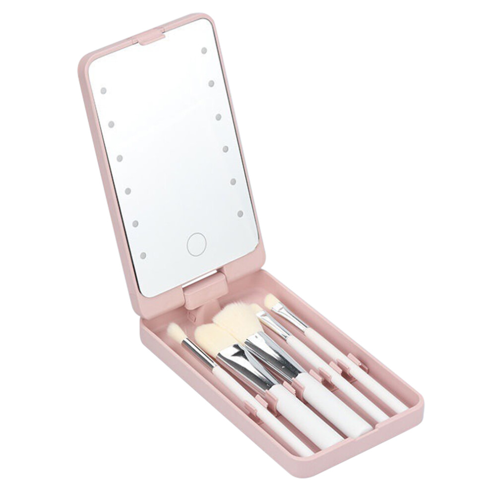 Pink/Light () Travel Makeup Brush Set 5Pcs Cosmetic Brushes Kit With Rechargeable Led Mirror