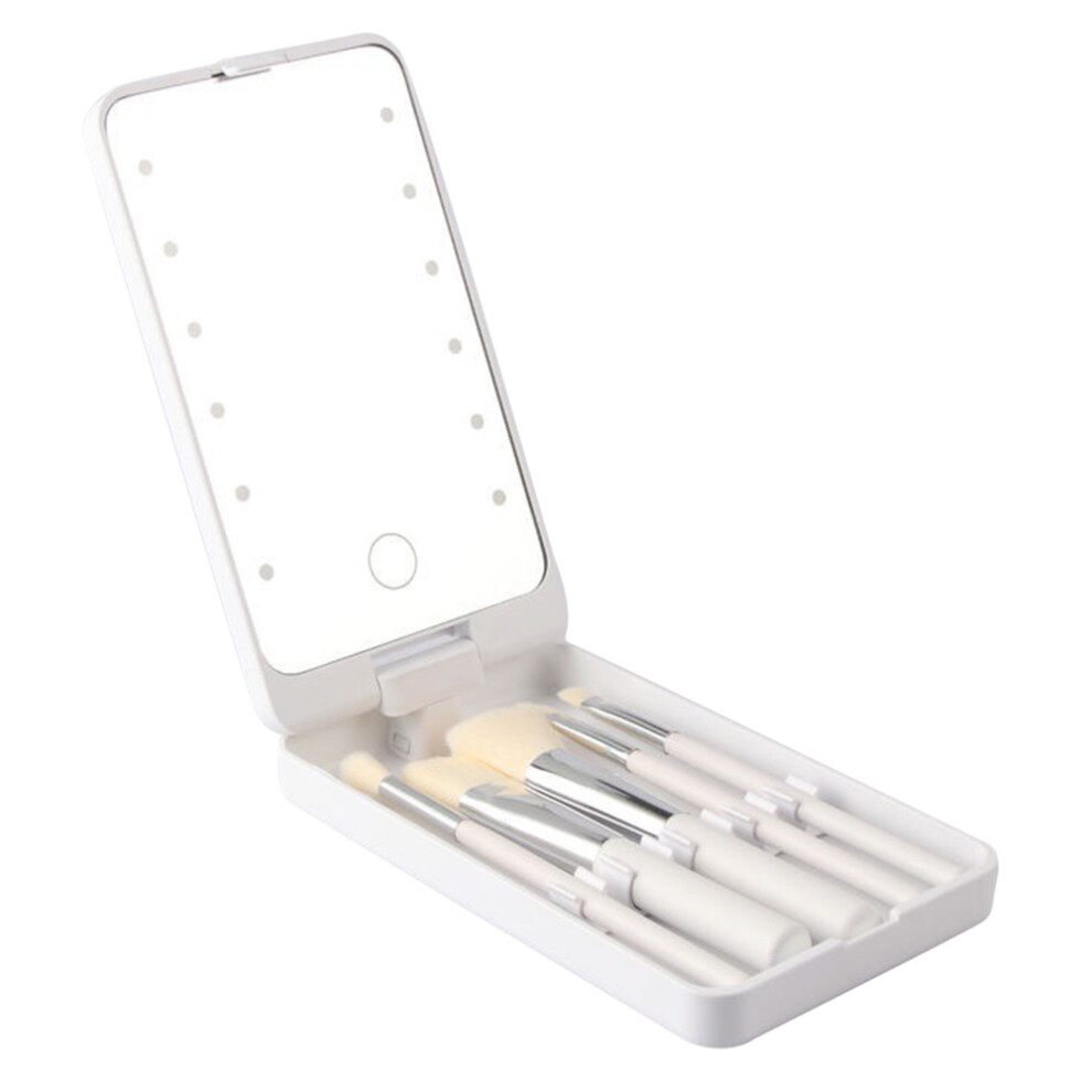 White/Light () Travel Makeup Brush Set 5Pcs Cosmetic Brushes Kit With Rechargeable Led Mirror