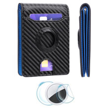 (Black/Blue) For AirTag Tracker Wallet Bifold Carbon Fiber Microfiber Leather RFID Blocking Card Holder with Protective Film