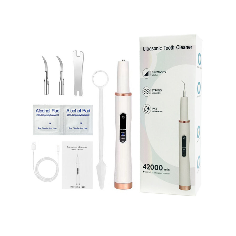 White (White) H02077 Plaque Remover Ultrasonic Scaler Tooth Cleaner 5 Modes Rechargeable Teeth Stain Remover Tool