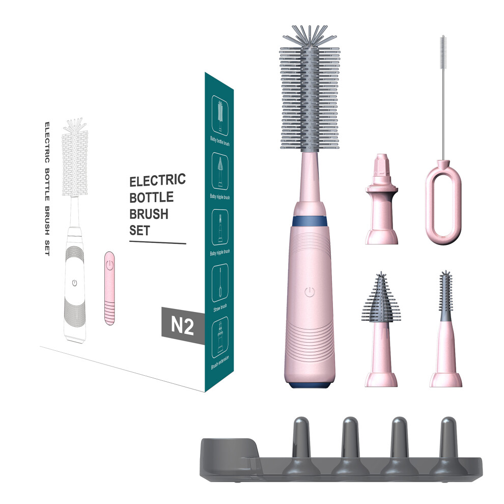 (Pink) N2 Portable Pacifier Cleaner Kit with Storage Rack 360 Degree Rotatable Electric Baby Bottle Brush Set (BPA Free,No FDA)