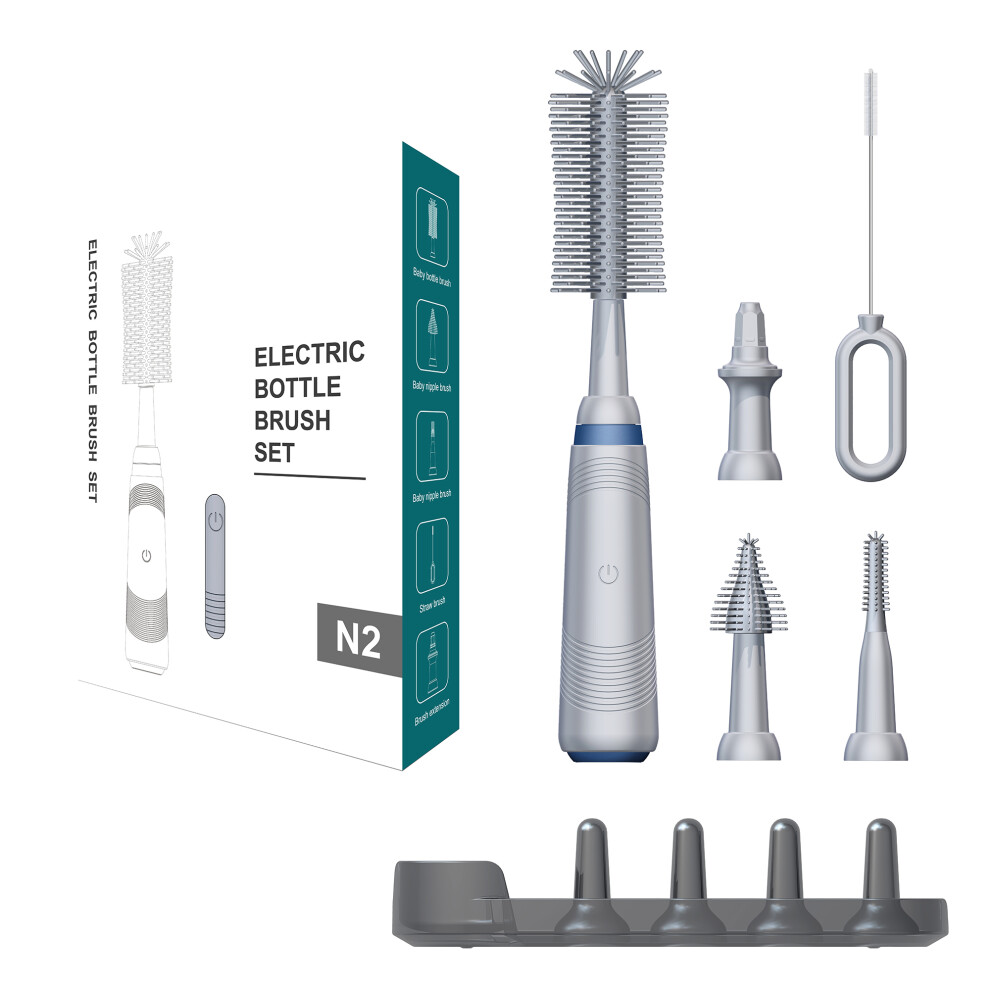 (Grey) N2 Portable Pacifier Cleaner Kit with Storage Rack 360 Degree Rotatable Electric Baby Bottle Brush Set (BPA Free,No FDA)