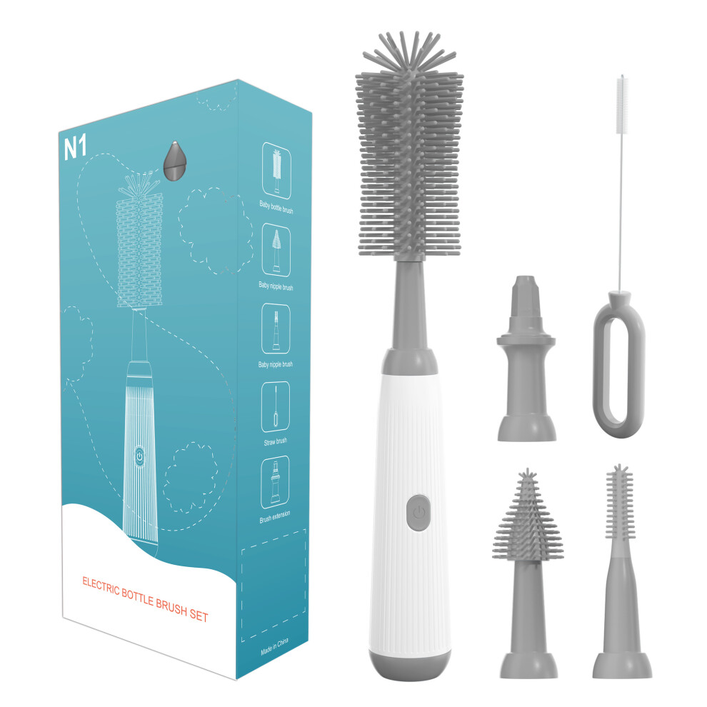 (Grey) N1 360 Degree Rotatable Electric Baby Bottle Brush Set Portable Pacifier Cleaner without Storage Rack (BPA Free,No FDA)