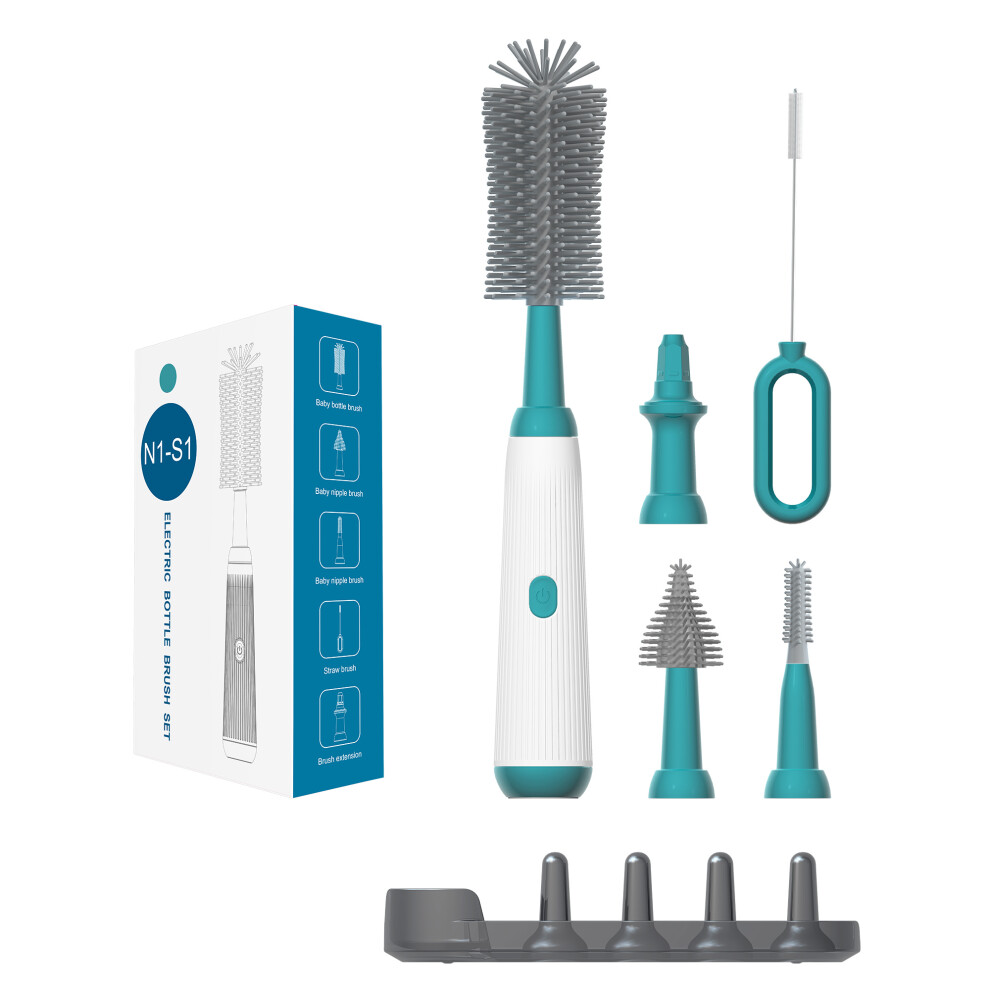 (Lake Green) N1-S1 360 Degree Rotatable Electric Baby Bottle Brush Set Portable Pacifier Cleaner with Storage Rack (BPA Free,No FDA)