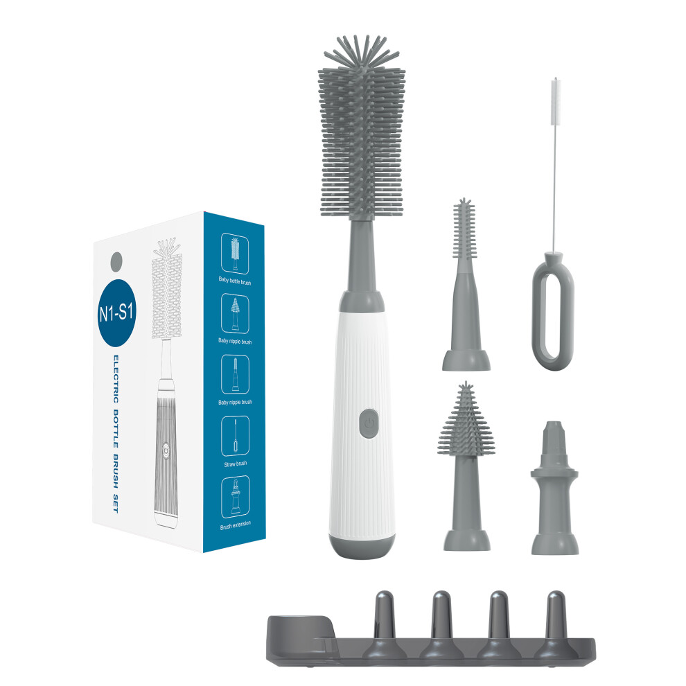 (Grey) N1-S1 360 Degree Rotatable Electric Baby Bottle Brush Set Portable Pacifier Cleaner with Storage Rack (BPA Free,No FDA)