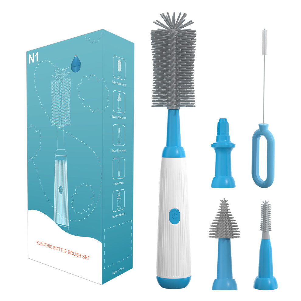 (Blue) N1 360 Degree Rotatable Electric Baby Bottle Brush Set Portable Pacifier Cleaner without Storage Rack (BPA Free,No FDA)