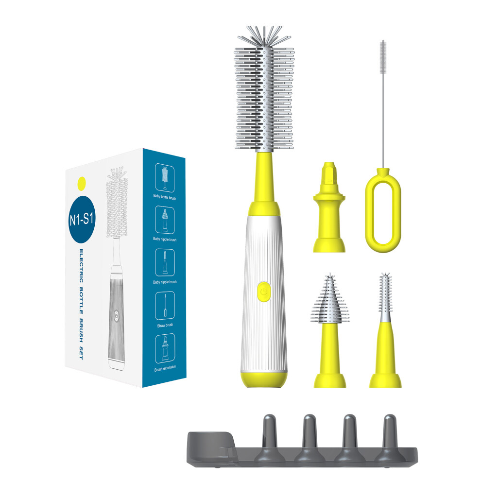 (Yellow) N1-S1 360 Degree Rotatable Electric Baby Bottle Brush Set Portable Pacifier Cleaner with Storage Rack (BPA Free,No FDA)